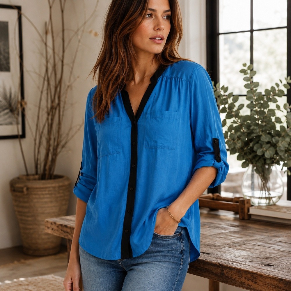 Sejour Blouse Women 14W Blue‎ Button Down Office Professional Workwear